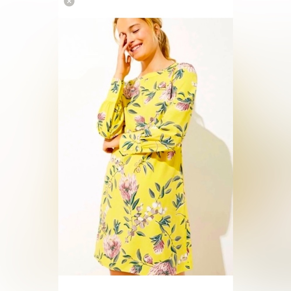 LOFT Yellow Floral Long Sleeve Shift Dress